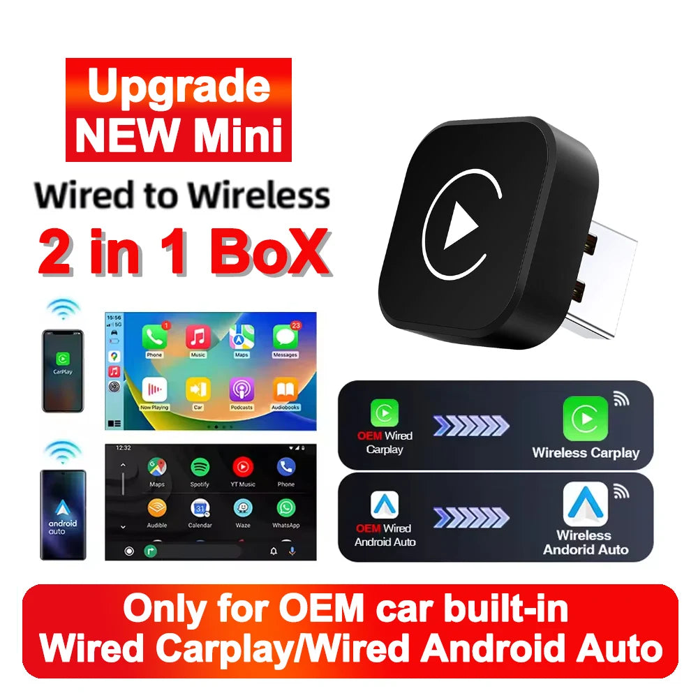 2in1 Wired to Wireless CarPlay Android Auto Adapter for OEM Car Stereo With USB Plug and Play
