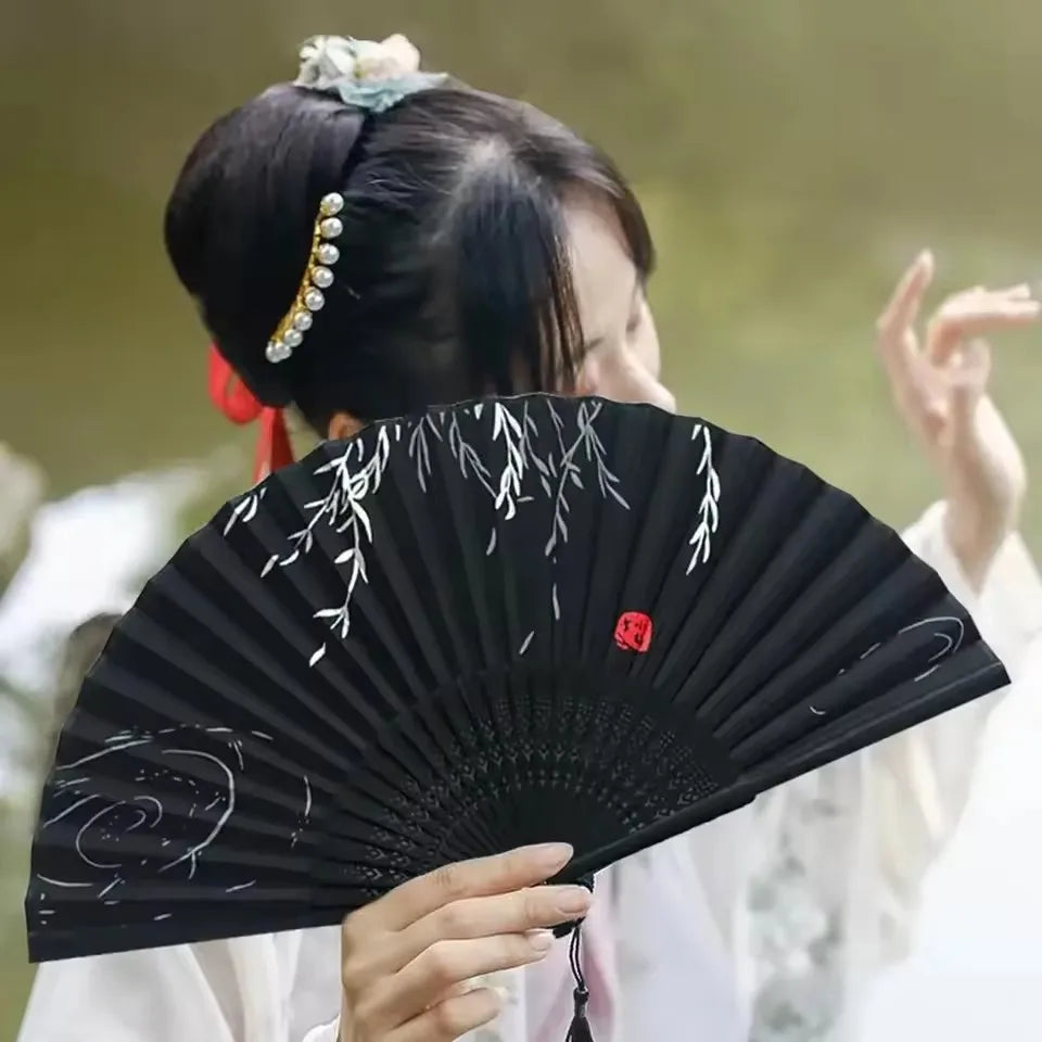 Chinese Fan Hand Folding Fan Bamboo Silk Women Black Fan Summer Female Dance Hand Folding Fan Party Gift Hand Fans For Women