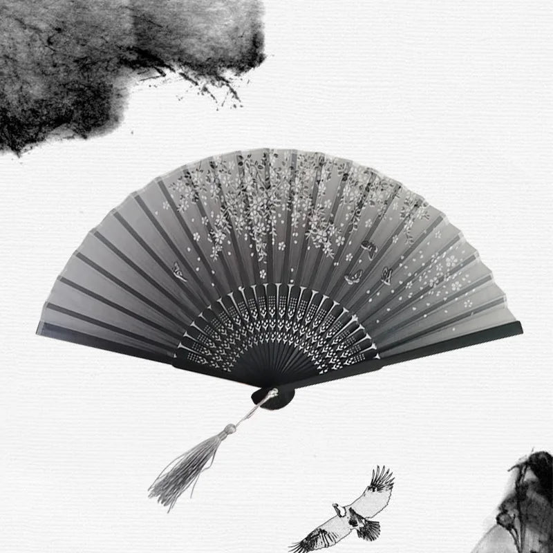 Chinese Fan Hand Folding Fan Bamboo Silk Women Black Fan Summer Female Dance Hand Folding Fan Party Gift Hand Fans For Women