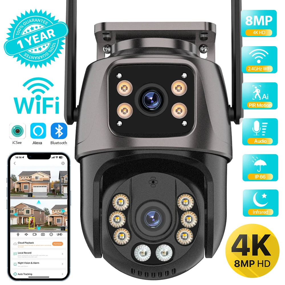 4K 8MP HD Wifi PTZ kamera Vonkajšia 4MP duálny objektív duálna obrazovka AI automatické sledovanie IP kamera CCTV audio video dohľad P2P iCSee 