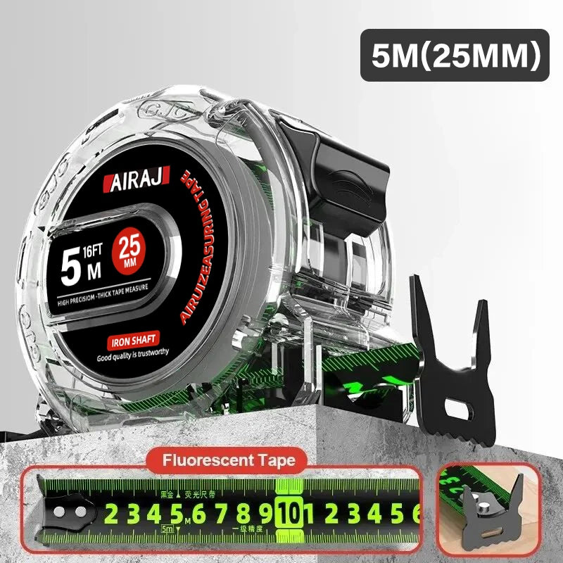 AIRAJ 3-5-7 metrový fluorescenčný zvinovací meter s presnou zosilnenou stupnicou, vodeodolný a odolný voči opotrebovaniu, viacúčelový merací nástroj 