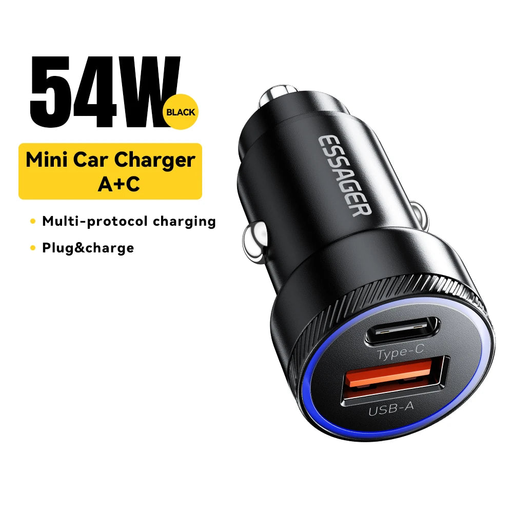 Essager 54W Car Charger 5A Fast Charging Type C Quick Charge 3.0 QC PD 3.0 SCP USB Car Charger For Xiaomi Samsung Iphone Charger