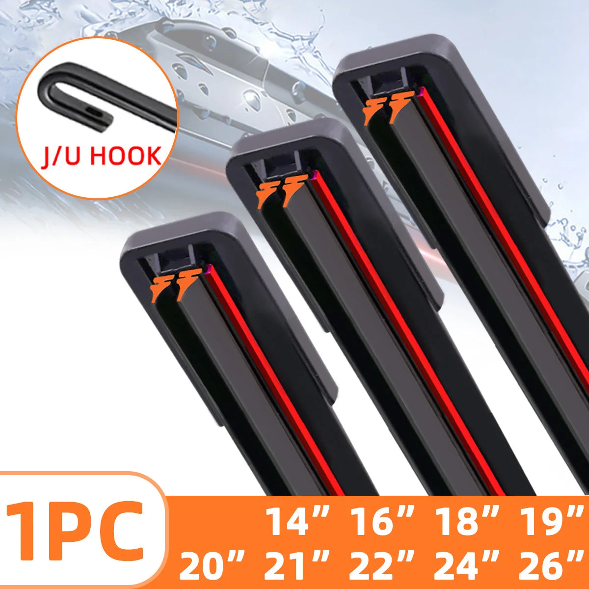 1PC Universal double rubber strip J/U-shaped wiper blade, front wiper glass cleaner wiping blade