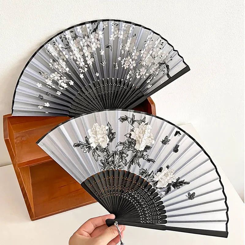 Chinese Fan Hand Folding Fan Bamboo Silk Women Black Fan Summer Female Dance Hand Folding Fan Party Gift Hand Fans For Women